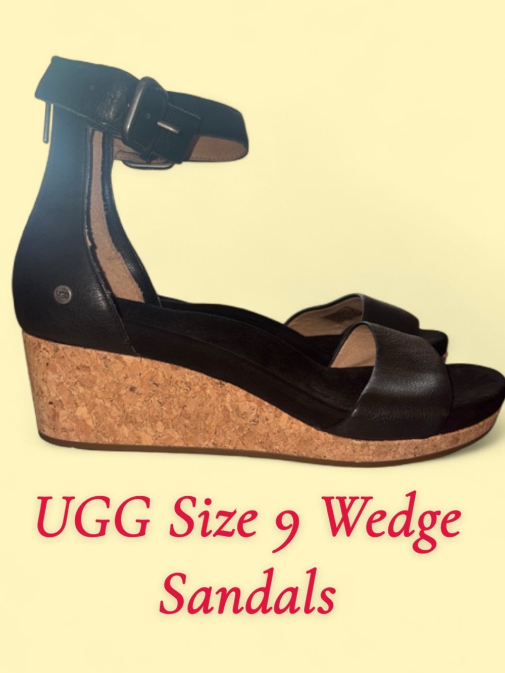 UGG Black Leather Cork Wedge Sandals Women’s Size 9 with Dust Bag